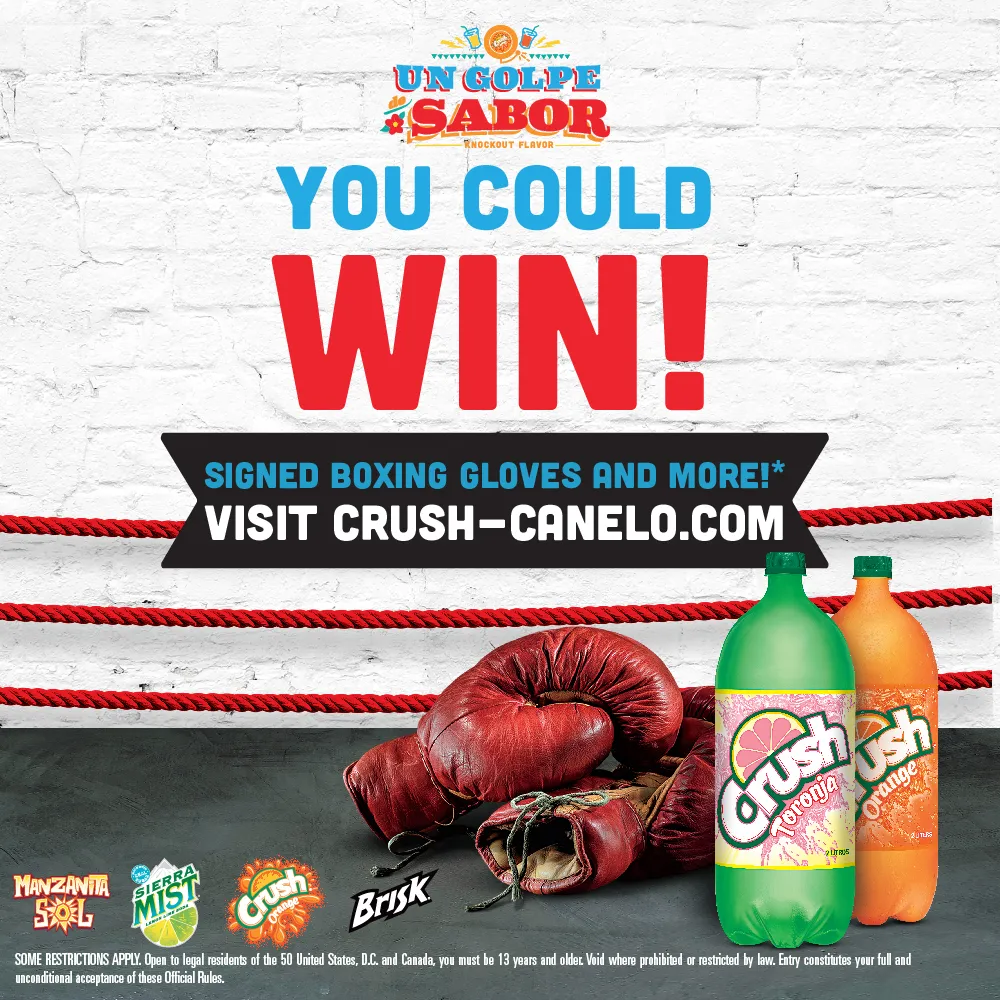 Crush soda product with boxing gloves in a boxing ring featuring an Enter to Win opportunity