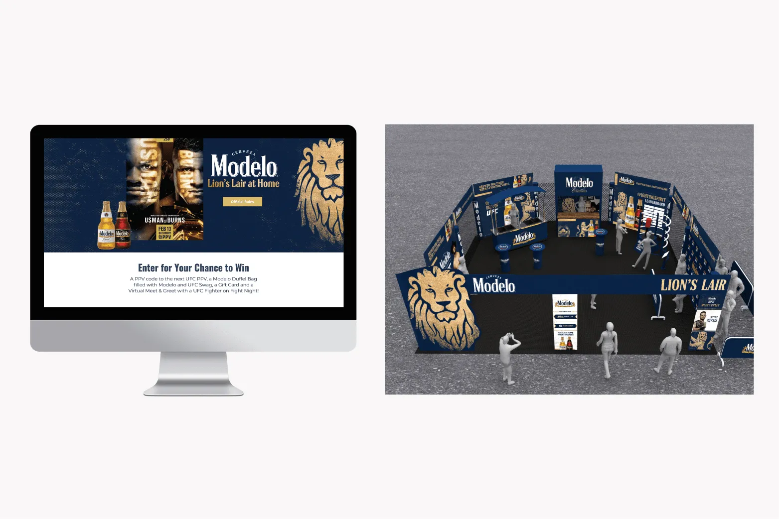 A computer screen mockup next to a render of an event space created for Modelo