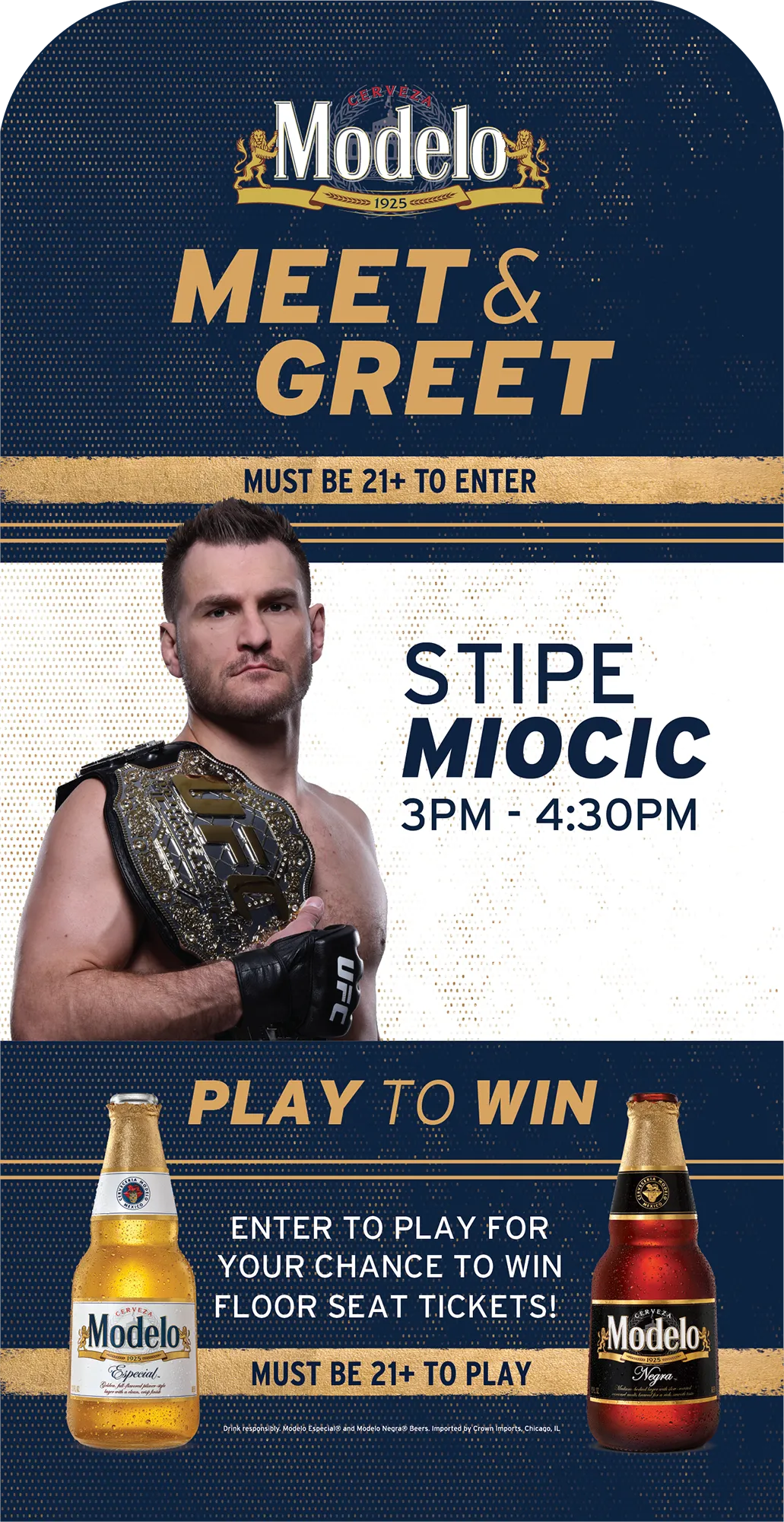 Sign showing an image of Stipe Miocic and details for his meet and greet at an event