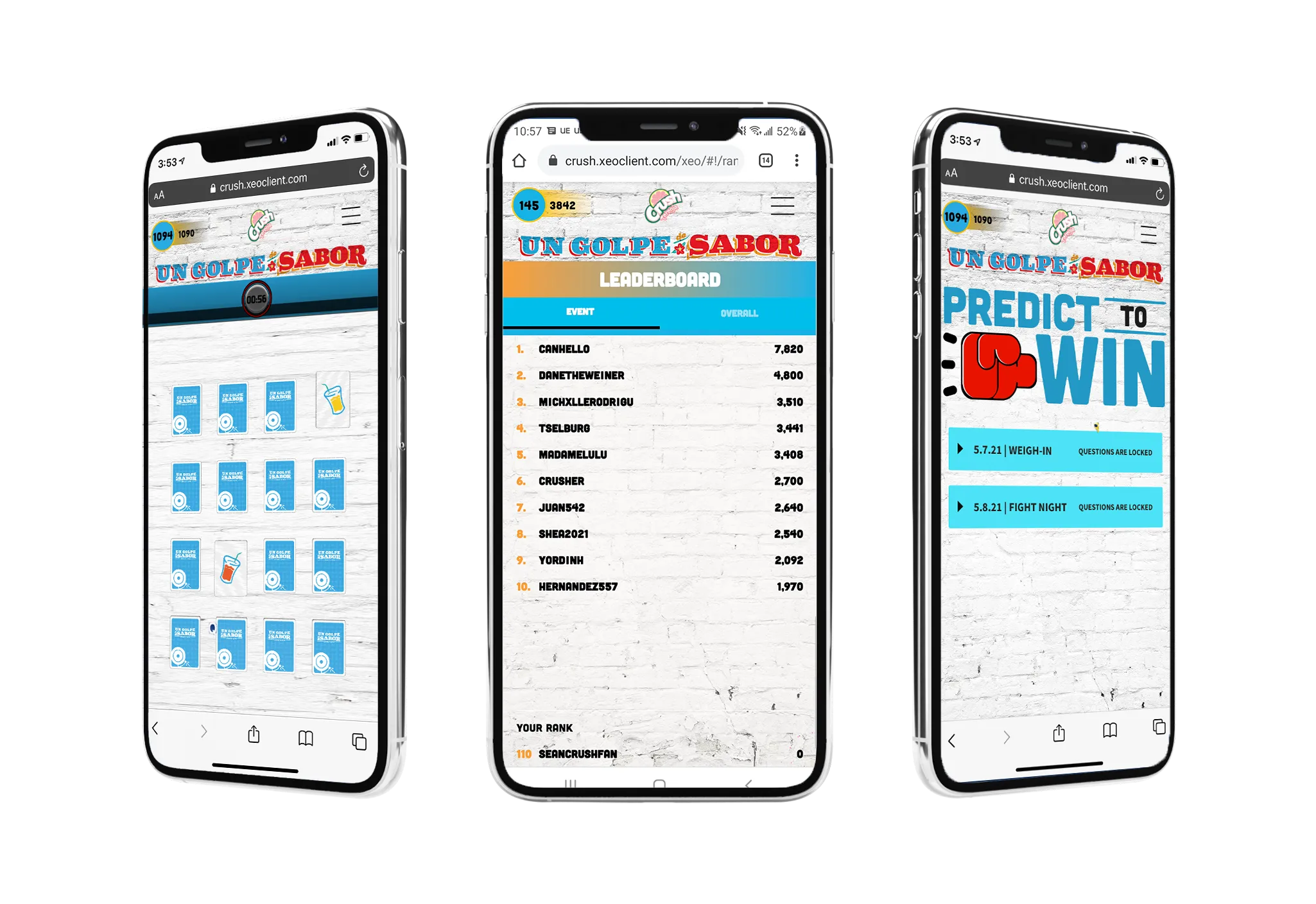 three phone mockups featuring various games created for Crush Soda