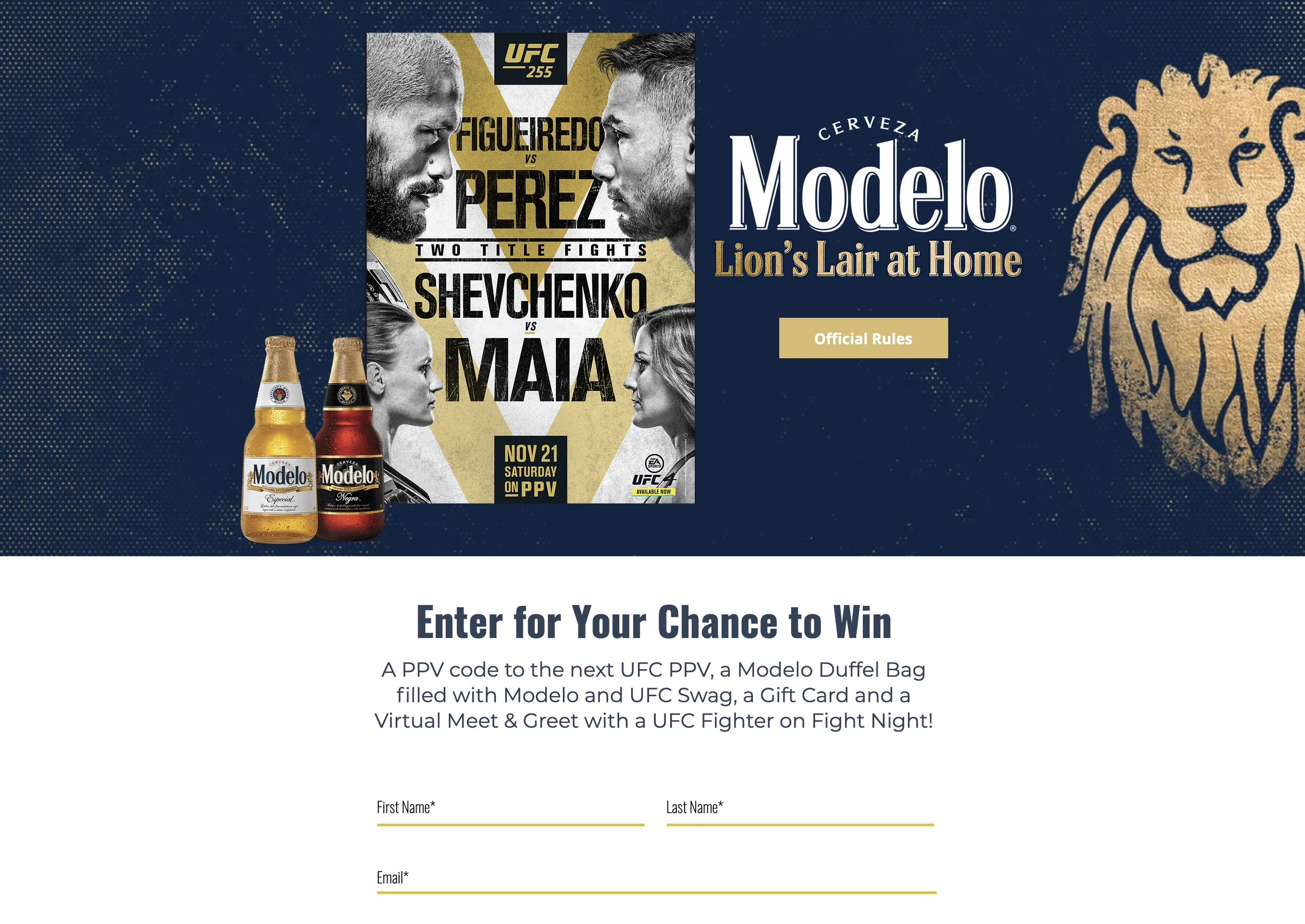 microsite created for the Modelo Lion's Lair Sweepstakes